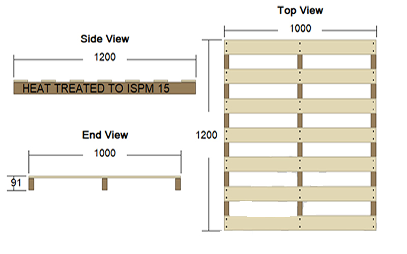 1200 x 1000 heat treated ISPM15 two way entry wooden pallet drawing